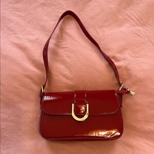 Red Patent Leather Shoulder Bag with Gold Hardware